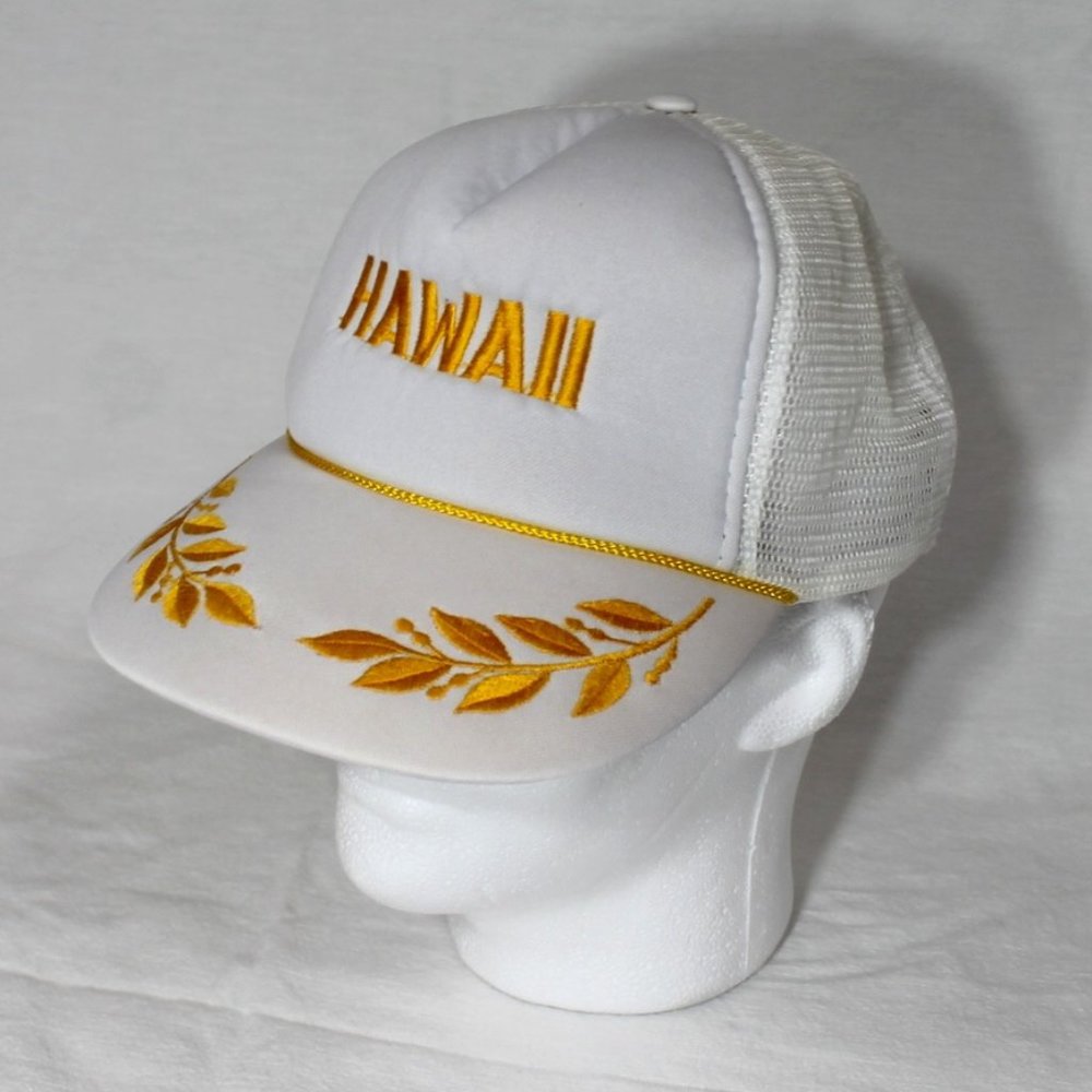 Vtg White HAWAII Scrambled Eggs Gold Logo Mesh Snap Back Trucker Baseball Cap